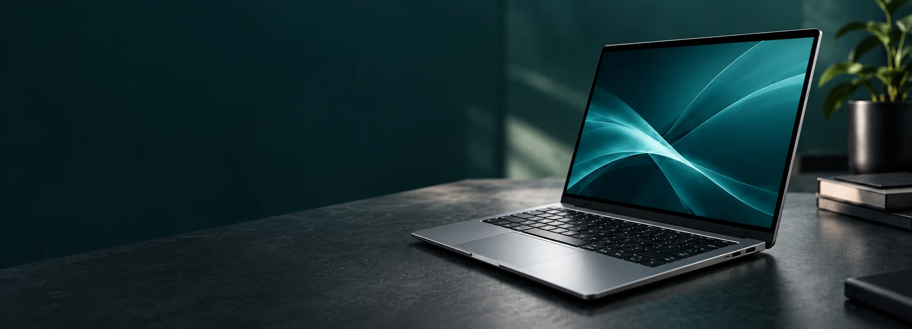 Laptop en una mesa de trabajo con iluminación verde petróleo